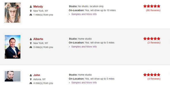 Screenshot of LookBetterOnline photographer search results