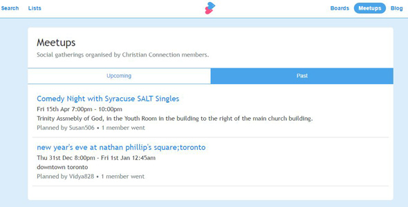 Screenshot of Christian Connection meet-ups page