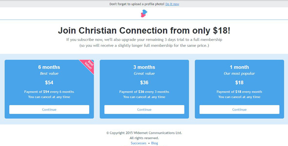 Screenshot of Christian Connection's payment plans