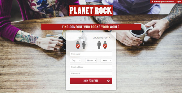 Screenshot of the Planet Rock Dating homepage