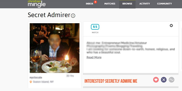 Screenshot of Christian Mingle's Secret Admirer feature
